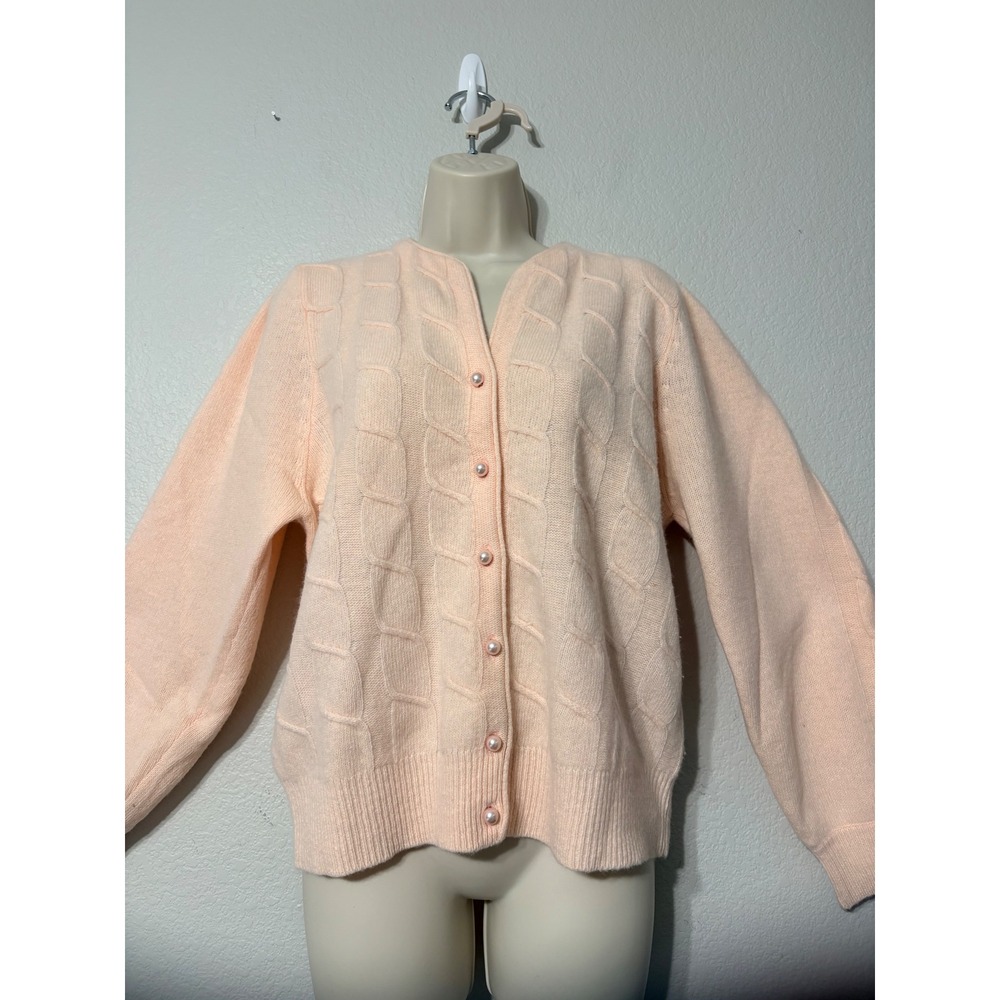 Vintage Adele Joyce Pink Angora Lambswool Cable Knit Pearl Button Cardigan M